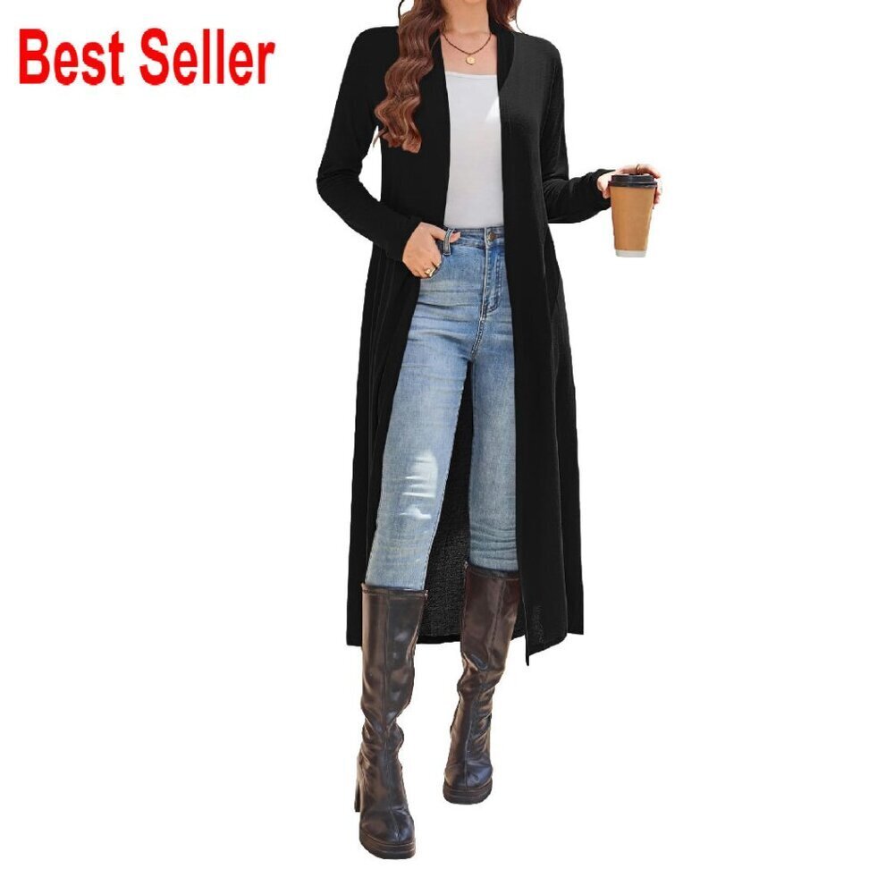 Floor Length Cardigan Sweater Lightweight Open Front Shawl Collar Pockets